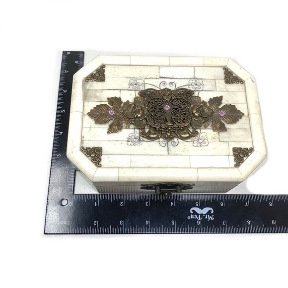 Vintage Jo Marz First Edition Tessellated Butterfly Trinket Box Bone Brass - Picture 9 of 9
